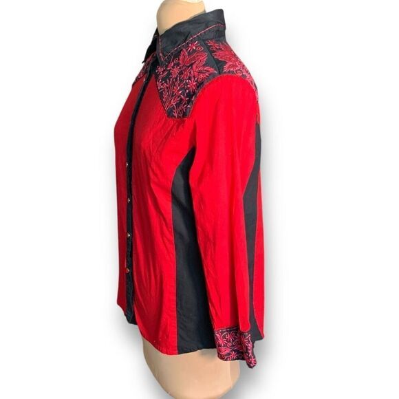 Vintage Collection Red Black Dark Floral Embroidered Long Sleeve Western Shirt - Picture 2 of 10